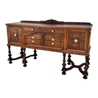 1920s Antique Walnut and Burl Wood Sideboard For Sale