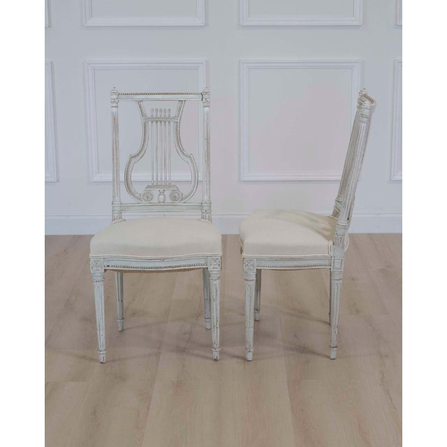 Pair of Antique French Neoclassical Painted Chairs in Antique Linen For Sale - Image 10 of 12