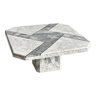 1970s Vintage Italian Carrara & Bardiglio Marble Inlay Square Octagonal Coffee Table For Sale