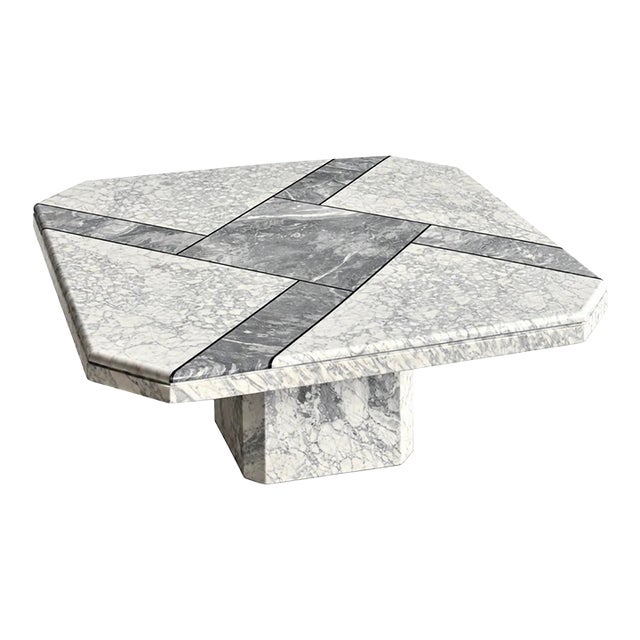 1970s Vintage Italian Carrara & Bardiglio Marble Inlay Square Octagonal Coffee Table For Sale