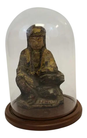 Asian Buddha Wood Sculpture & Glass Dome