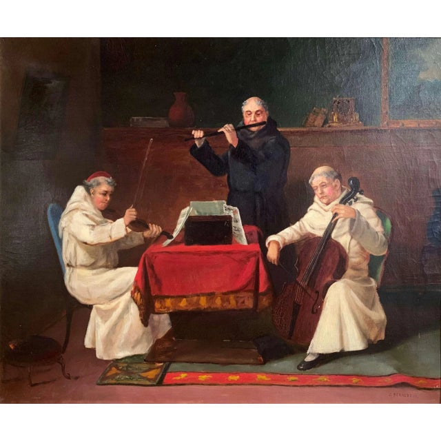 This engaging antique genre painting was created in Germany circa 1880 and depicts three monks gathered for an intimate...