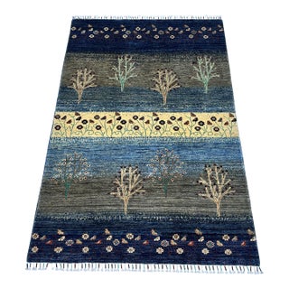 Indigo Persian Gabbeh Tree of Life Hand-Knotted Wool Rug - 4' X 6' For Sale