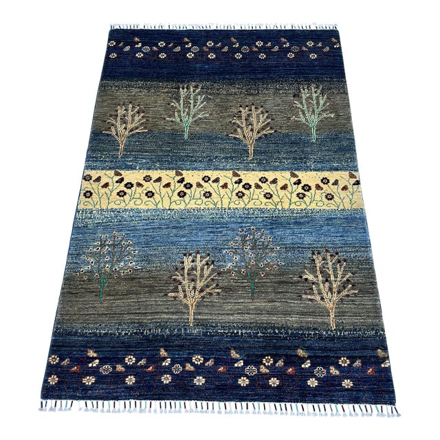 Indigo Persian Gabbeh Tree of Life Hand-Knotted Wool Rug - 4' X 6' For Sale
