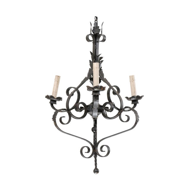 Black Vintage French Iron 3-Light Chandelier For Sale - Image 8 of 11