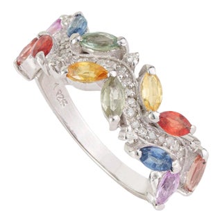 Nature Inspired Multi-Sapphire Leaf & Diamond Cluster Ring in Sterling Silver, Us Size 8 For Sale
