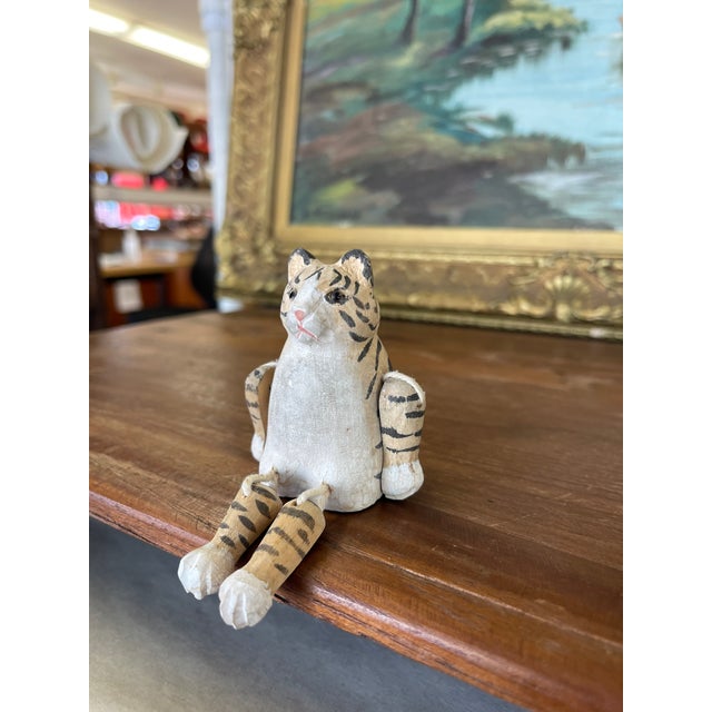 Hand-Carved Articulated Wooden Tiger or Cat Figurine With Painted Details. For Sale - Image 4 of 10