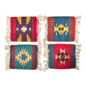 Vintage Southwestern Wool Textile Coasters, Set of 4, Handwoven Kilim Style