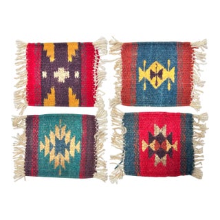 Vintage Southwestern Woven Wool Coasters With Fringe, Set of 4 For Sale