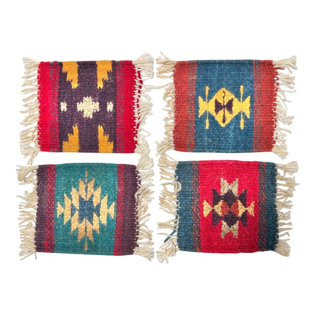 Vintage Southwestern Woven Wool Coasters With Fringe, Set of 4 For Sale