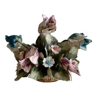 Italian Porcelain Basket Bouquet of Flowers For Sale