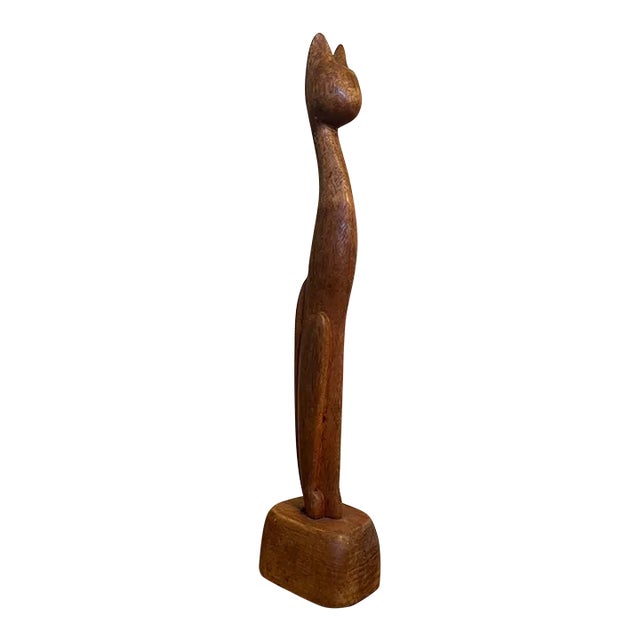 1970s Vintage Wooden Cat Sculpture For Sale