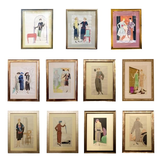 Art Deco Fashion Illustrations, Drawings, Framed, Set Of, 1920s, Pine For Sale