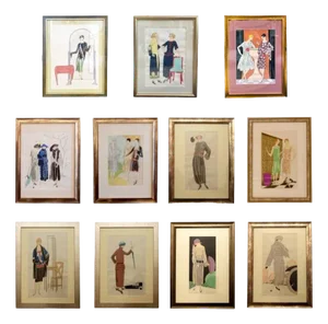 Art Deco Fashion Illustrations, Drawings, Framed, Set Of, 1920s, Pine