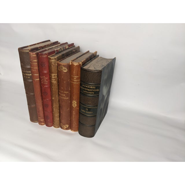 Antique Scandinavian Library Set of 7 – Brown, Burgundy & Cognac Leather Books For Sale - Image 11 of 16