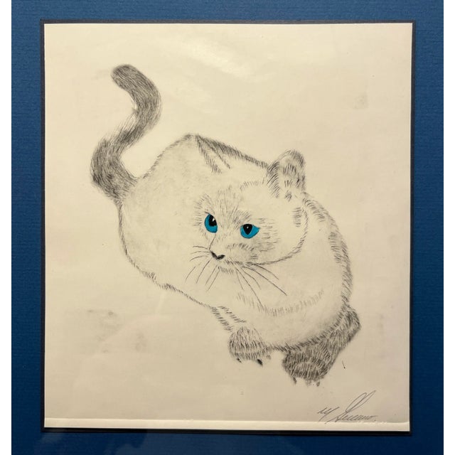 Vintage Hand Colored WHITE CAT Etching by California Artist Marcos Guerrero Aprox. dimensions: Frame: 17"H x 14"W Etching:...