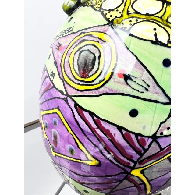 Abstract Studio Multi-Color Hand Painted Ceramic Vase Signed & Dated 1999 For Sale - Image 4 of 17