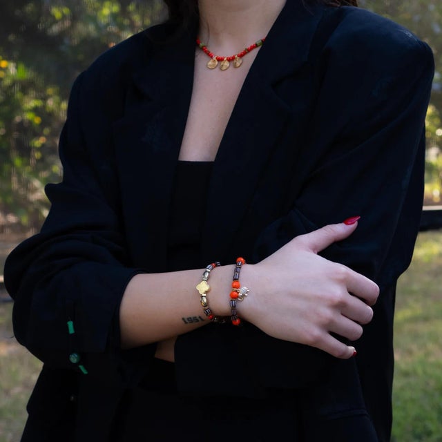 Orange Soulful Journey Gold Beaded Bracelet Set with Heart & Elephant For Sale - Image 8 of 9