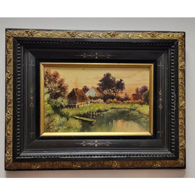 Small 19th c English oil on board painting of river's edge framed with an Aesthetic period frame. Signed E Locht and dated...