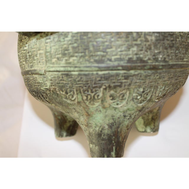 Antique Bronze Tripod Chinese Vassal With 3 Foo Lions on Top and 2 Handles For Sale - Image 6 of 12