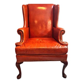 Vintage Cognac Leather Wingback Chair by Hickory Chair For Sale