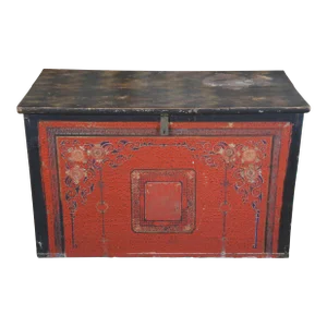 Antique 19th Century Large Tibetan Hand Painted Wood Storage Trunk