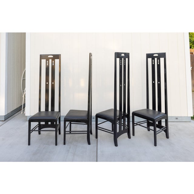 Set of four 1970s/80s architectural high-back chairs in the style of the 1900 "Ingram" chair by Charles Rennie Mackintosh....
