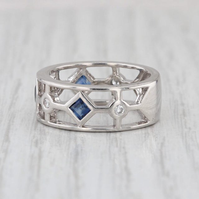 Modern 0.68ctw Sapphire Diamond Ring 18k White Gold Band Size 6.75 Stackable For Sale - Image 3 of 8