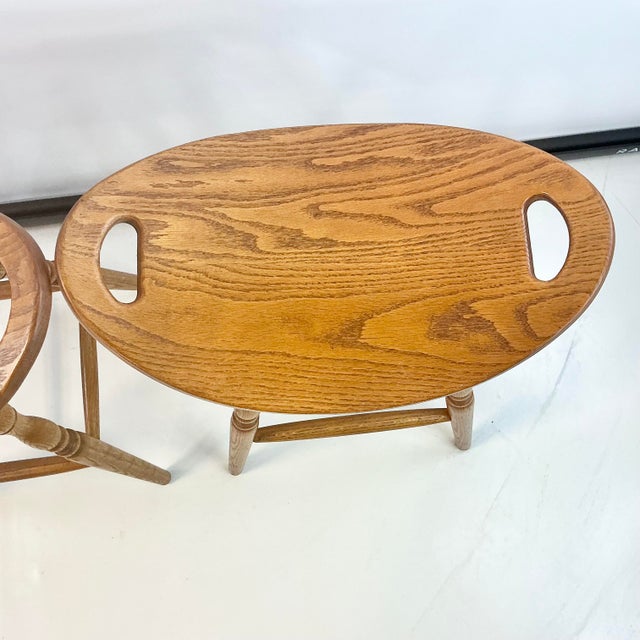 1980s Vintage Americana Rustic Oak Curule Seat Swivel Counter Stools - A Pair. For Sale - Image 13 of 14