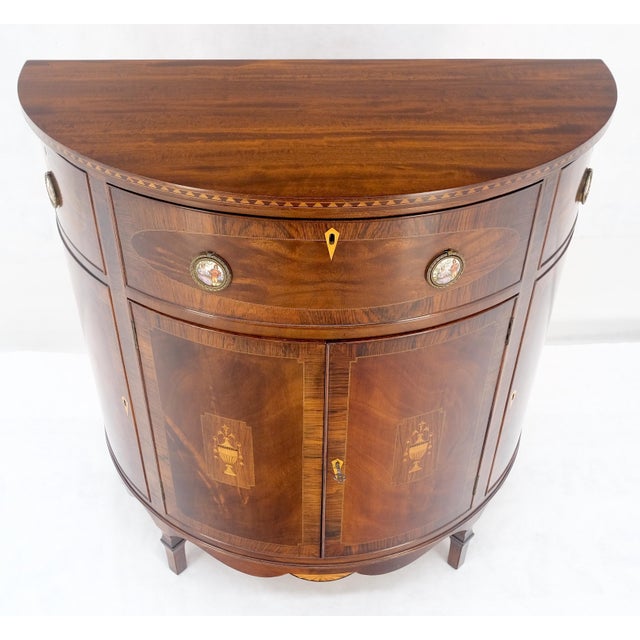 Berkey & Gay Demilune Very Fine Inlaid Console Server Cabinet Porcelain Plaque Pulls Dresser For Sale - Image 4 of 12