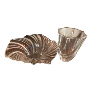 1980s Swirl Crystal France Bowl & Bud Vase Set - Set of 2 For Sale