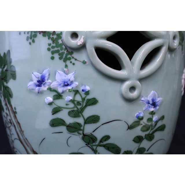 Beautiful Japanese Celadon Garden Stool With Tree Branches, Flowers & Bird For Sale In Portland, OR - Image 6 of 11