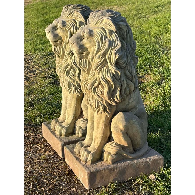 Pair of Majestic Vintage Concrete Lions on Bases For Sale - Image 4 of 15