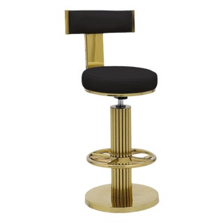 Modern Black Genuine Leather & Gold Stainless Steel Adjustable Swivel Bar Stool For Sale