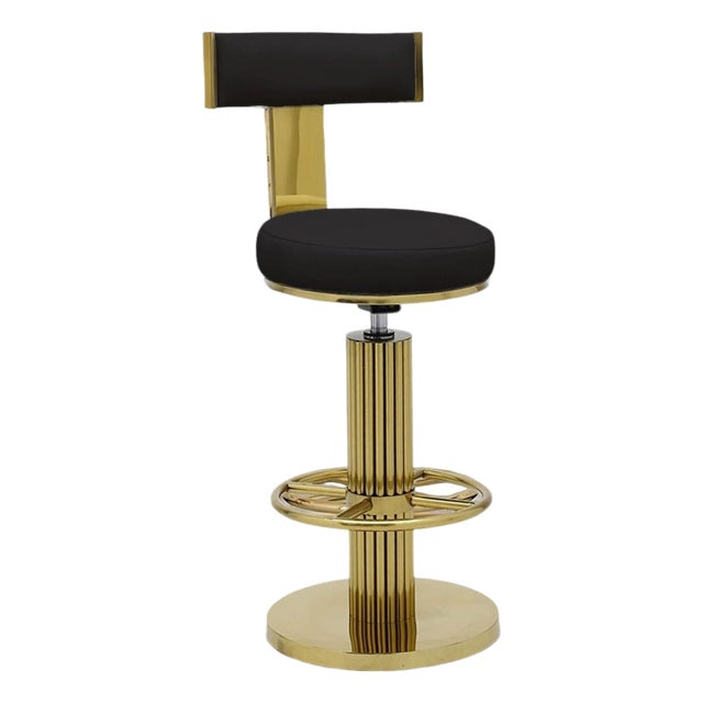 Modern Black Genuine Leather & Gold Stainless Steel Adjustable Swivel Bar Stool For Sale