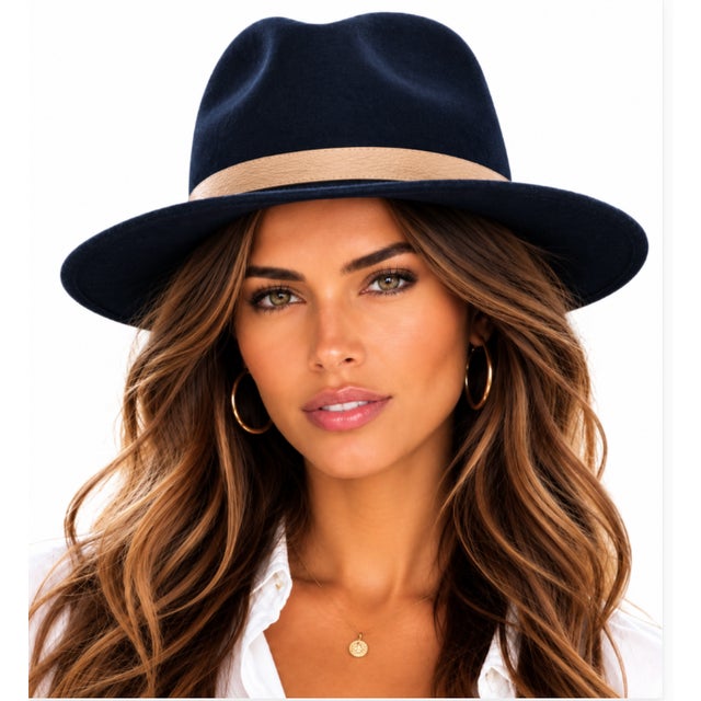 Janessa Leoné Navy Wool Fedora With Caramel Leather Band - New For Sale - Image 4 of 5