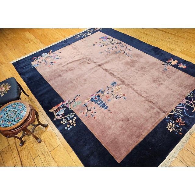 Vintage Hand-Knotted Chinese Art Deco Rug, Wool Pagoda Floral Motif, 9' x 12' For Sale In Chicago - Image 6 of 17