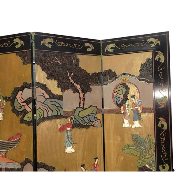 Vintage Oriental Asian Gold Coromandel Four Panel Screen Room Divider W Geishas For Sale In Los Angeles - Image 6 of 12