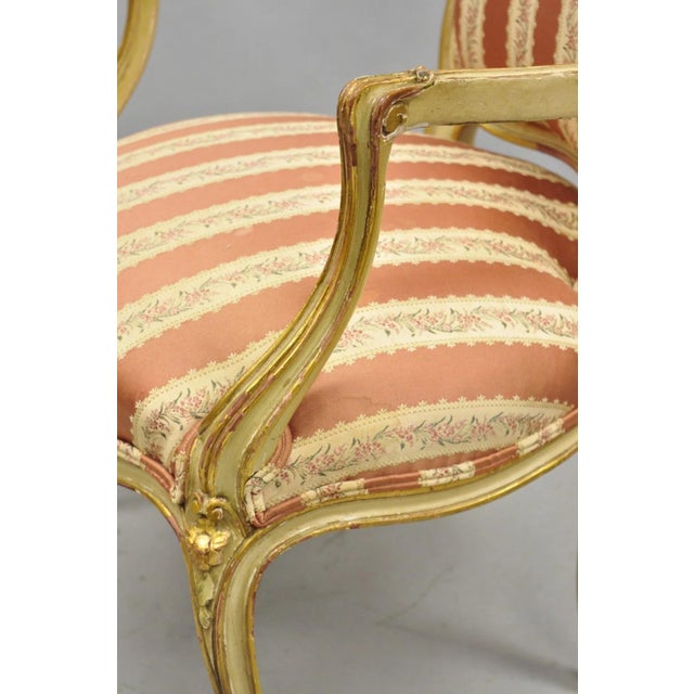 Antique French Louis XV Style Gold Giltwood Pink Stripe Fauteuil Arm Chair, Pair For Sale - Image 14 of 18