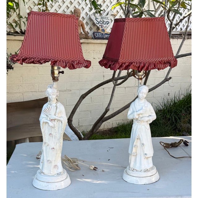 Traditional 1940s Pair of Lamps White Porcelain Figurines With Custom Pinstriped Shades For Sale - Image 3 of 16