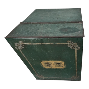 19th Century Green Painted Tole Deed Box With Gilt Decoration