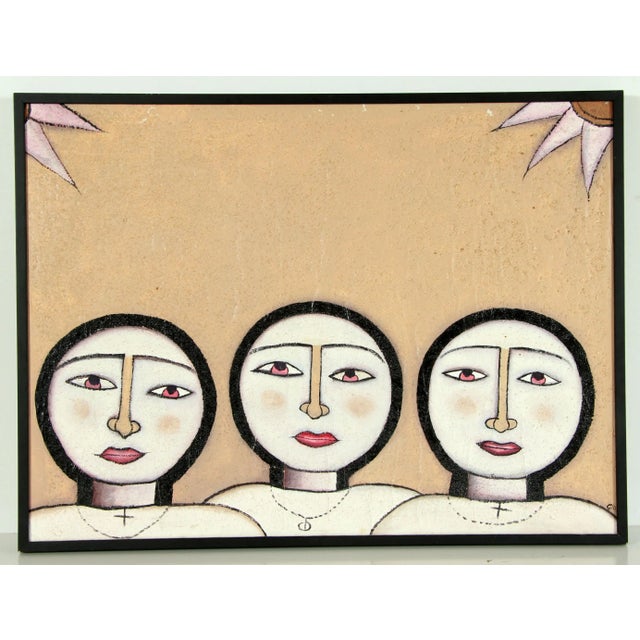 1980's Postmodern Acrylic on Board Painting of Faces For Sale - Image 11 of 11