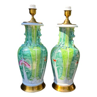 Pair of Hand-Painted Bok Choy Pattern Sculptural Vase Lamps With Applied Vines, Famille Verte, Jingdezhen, Bok Choy Collection For Sale