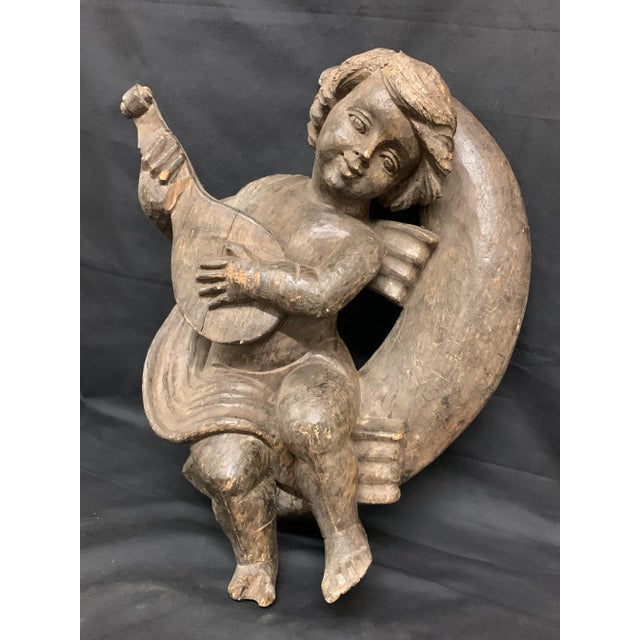 Folk Art 1920s Vintage Carved Wood Angel Playing Instrument Paper Mache Mold Takaan For Sale - Image 3 of 9