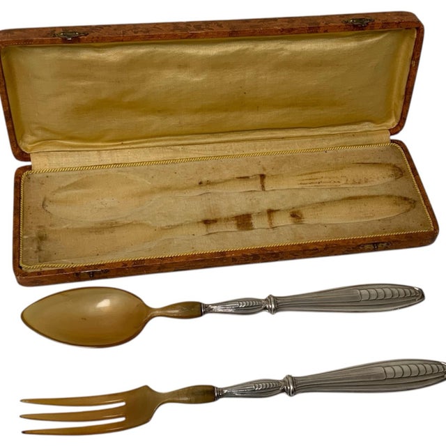 1900 - 1909 Antique French Bazin & Cie Paris .950 Silver Salad Serving Spoon & Fork Set - 3 pcs For Sale - Image 5 of 7