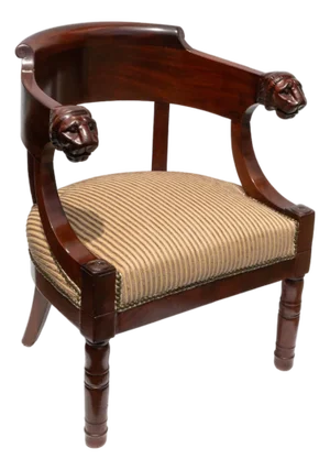 Early 19th Century Restoration Period Barrel-Back Mahogany Chair With Carved Lion Heads
