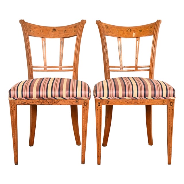 Antique Italian Regency Fruitwood Inlaid Marquetry Side Chairs or Dining Chairs, Pair For Sale