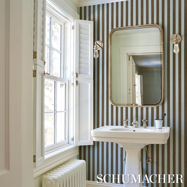 Schumacher Sample - Schumacher Edwin Stripe Medium Wallcovering In Brown & Sky For Sale - Image 4 of 5