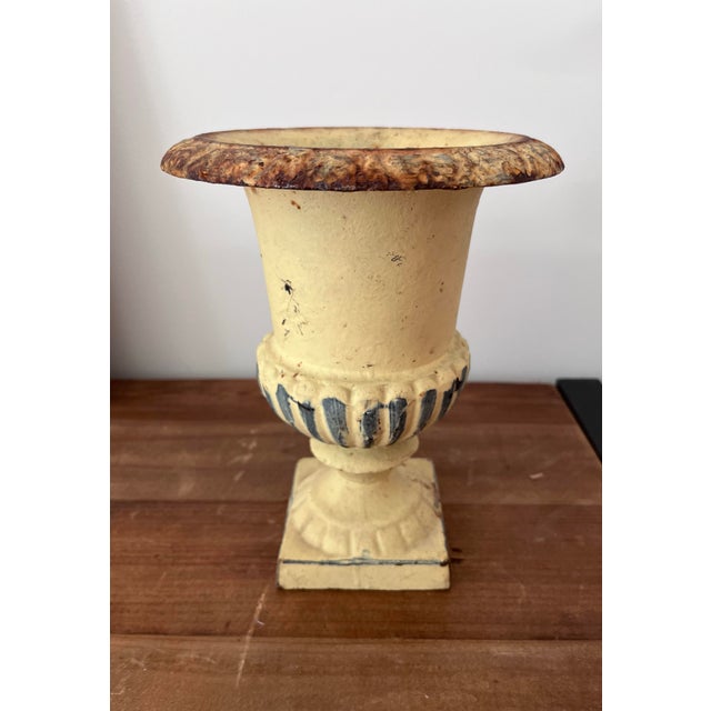 Metal Mid-Century Petite Cast Iron Medici Style Garden Urn in Pale Buttercup Yellow For Sale - Image 7 of 12