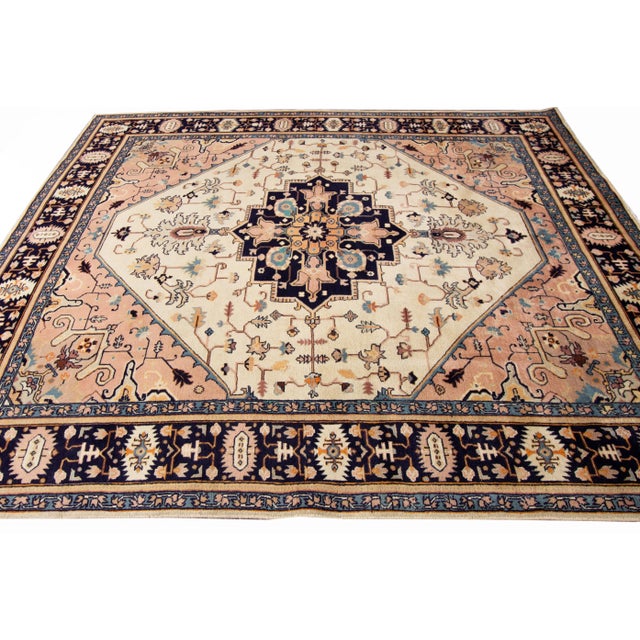 1960s Vintage Persian Heriz Handmade Ivory Medallion Wool Rug For Sale - Image 5 of 9